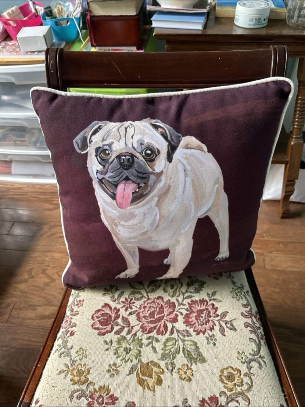 Printed Pug Throw Pillow 18x18 Burgundy